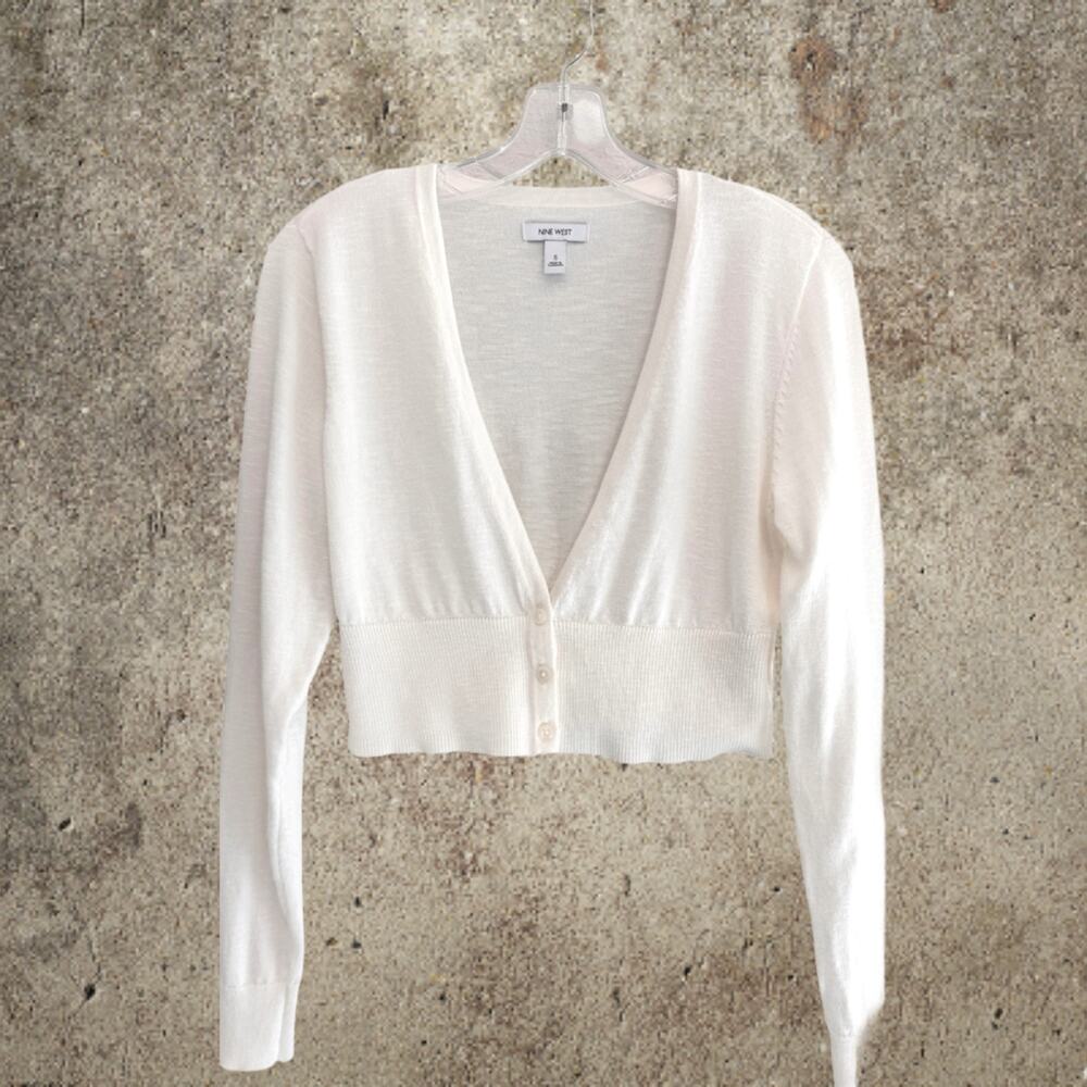 Nine West Cream Cropped Cardigan Sweater Small